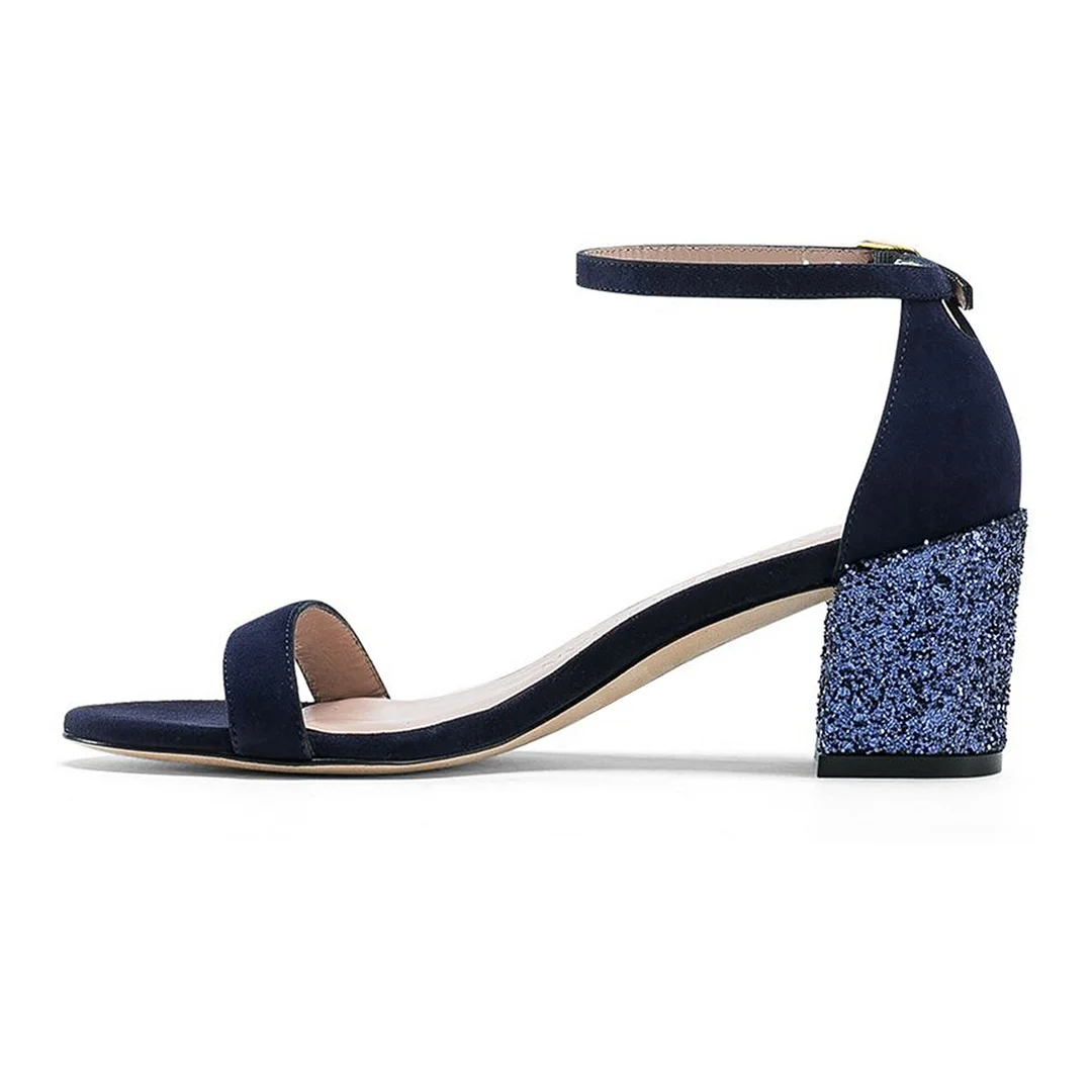 Navy Vegan Suede Round Toe Ankle Strap Heeled Sandals with Glitter