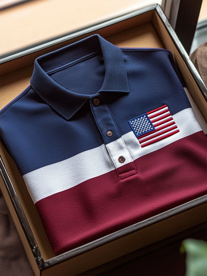 Men's Business Casual Striped Independence Day Button Short Sleeve Polo Shirt