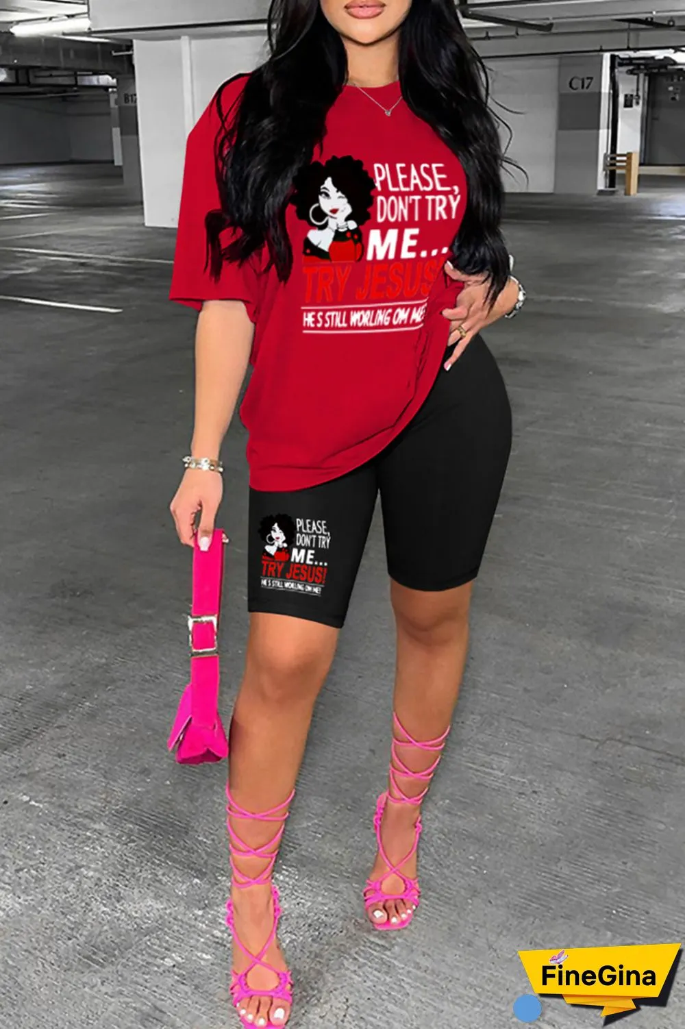 Pink Casual Print Basic O Neck Short Sleeve Two Pieces
