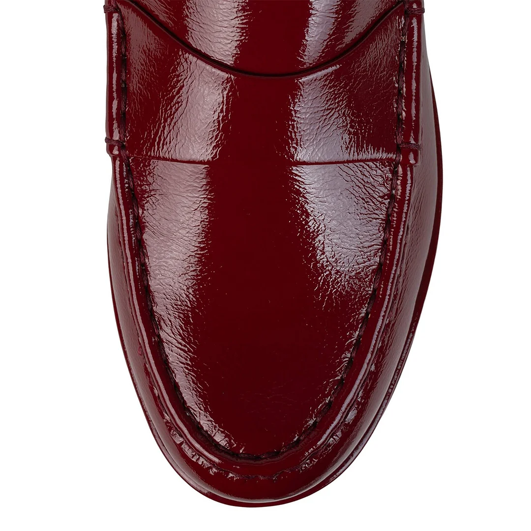 Maroon Almond Toe Bold Platform Wedge Heel Glossy Loafers