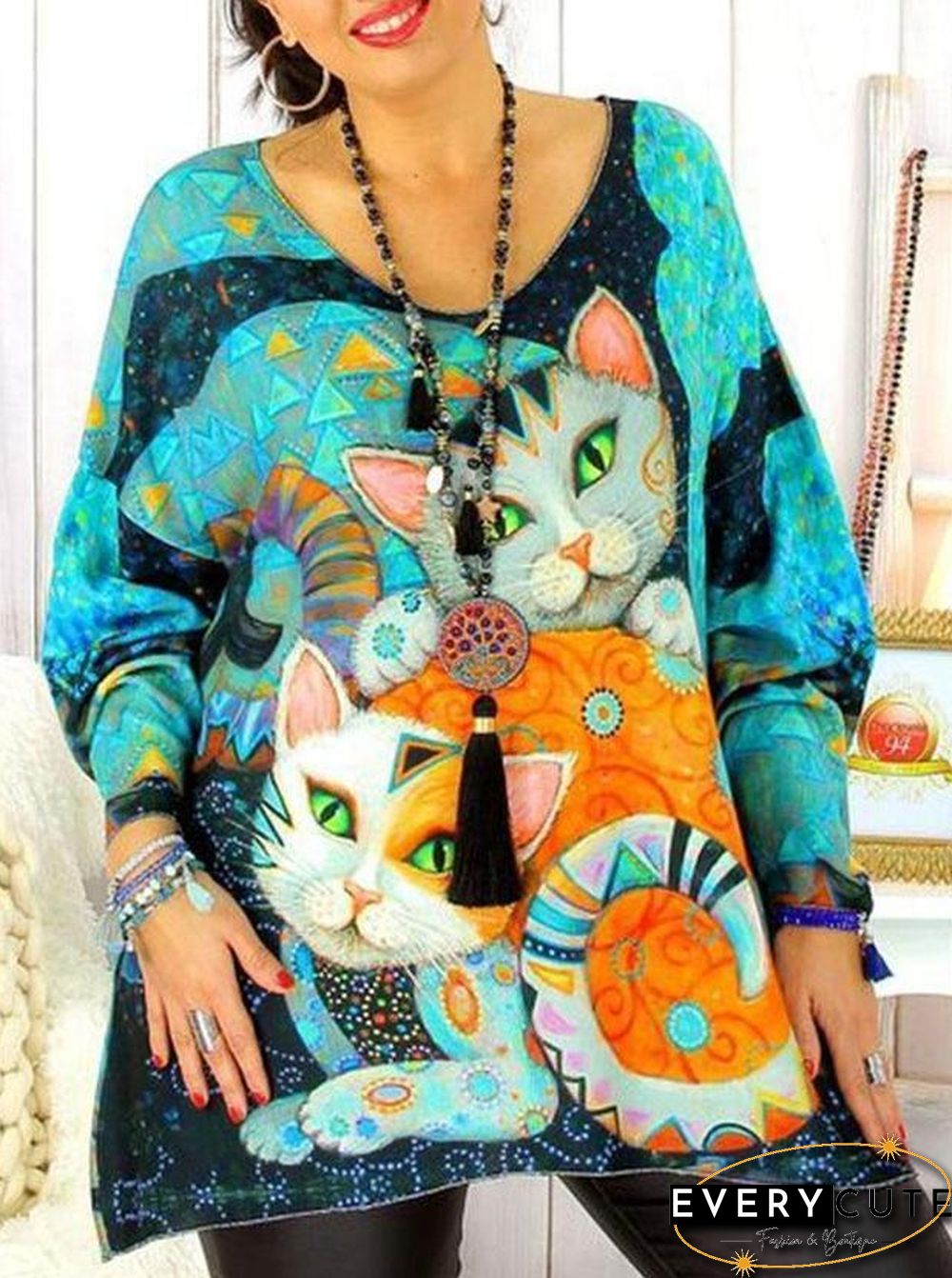 V-Necked Print Women Loose Top