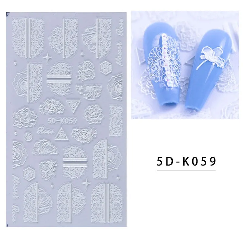 5D Butterfly Nail Sticker Engraved White Flower Sliders Embossed Lace Wedding Nail Art Design Monogram Decals Manicure Tools-Nail Inspo