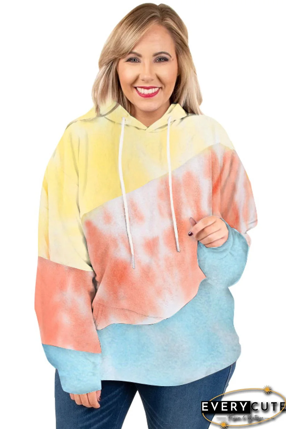 Sky Blue Colorblock Kangaroo Pocket Plus Size Hoodie