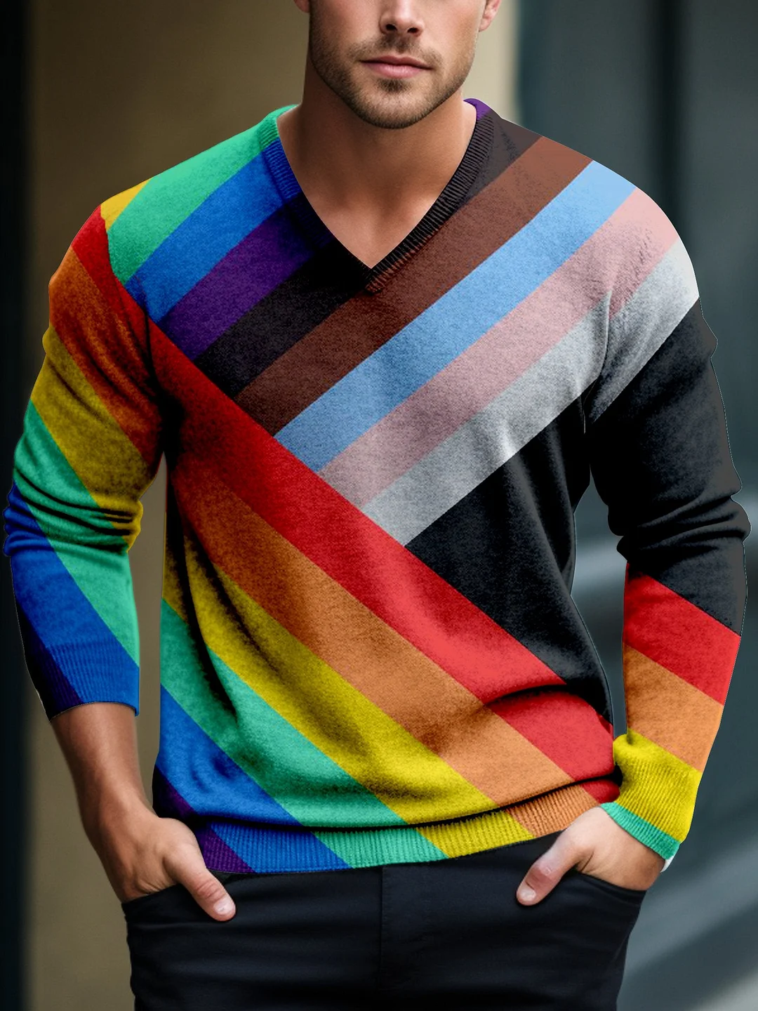 Men Multicolor Rainbow Pride Art Casual Print V-Neck Lnit Long Sleeve Knit Sweater