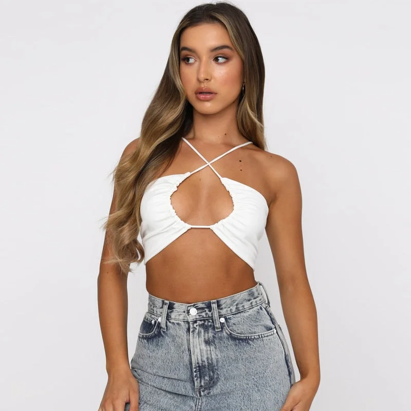Dulzura Solie Women Crop Top Straps Camis Lace Up Cross Hollow Out Bodycon Sexy Streetwear 2021 Spring Summer