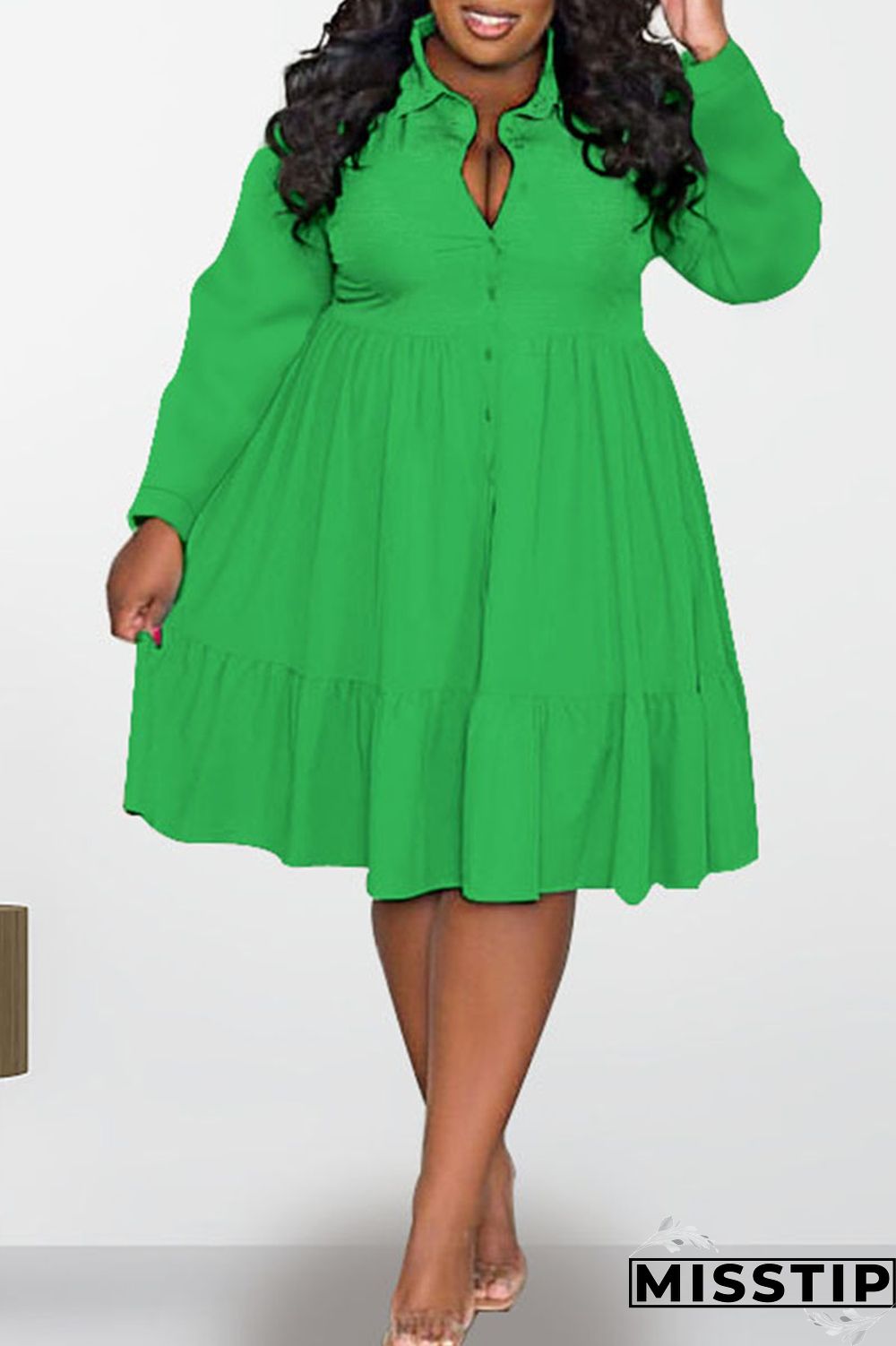 Black Casual Solid Patchwork Buckle Fold Turndown Collar A Line Plus Size Dresses