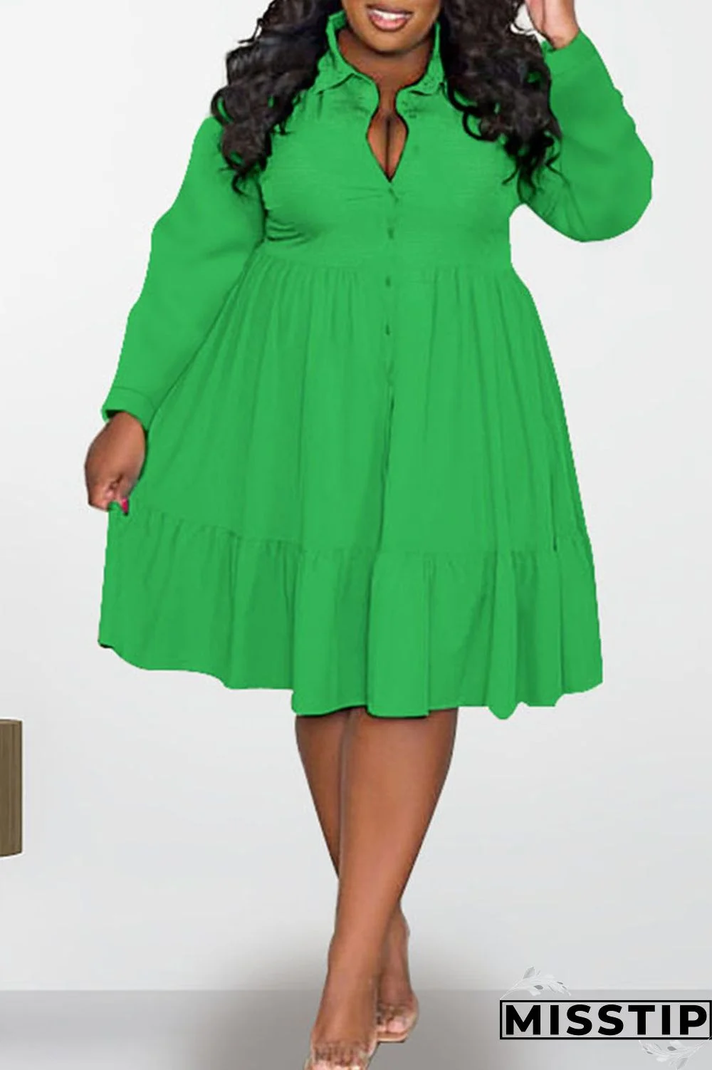 Black Casual Solid Patchwork Buckle Fold Turndown Collar A Line Plus Size Dresses