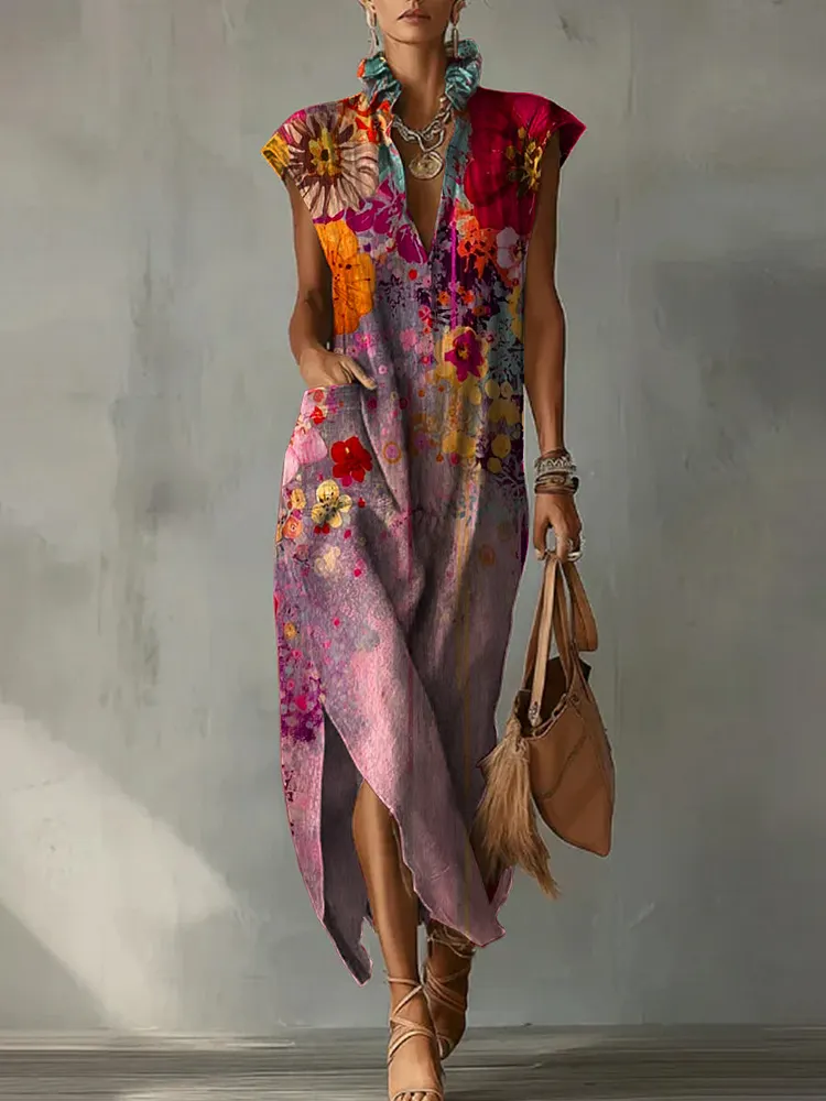 Casual Loose-fit Cotton-linen Dress With Cap Sleeves And Floral Print