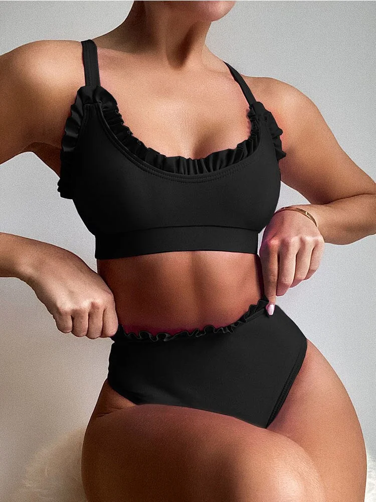INGAGA High Waist Bikini Sexy Frill Trim Swimwear Women's Swimsuit 2022 New Solid Biquini Summer Bathing Suit Women Beachwear