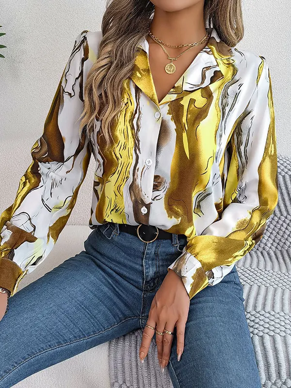 Printed Notched Long Sleeve Blouse