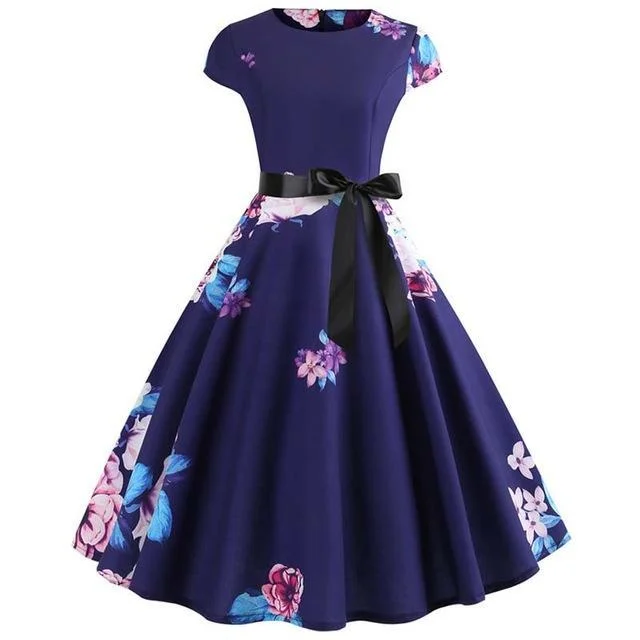 Women Vintage Summer Floral Print Short Sleeve Party Dresses