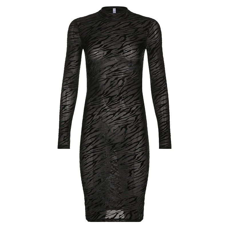 BIIKPIIK Midi Dress Black Flocking Stripes Half-high Collar Autumn Winter Outfit Bodycon Elegant Dresses For Women Party Evening