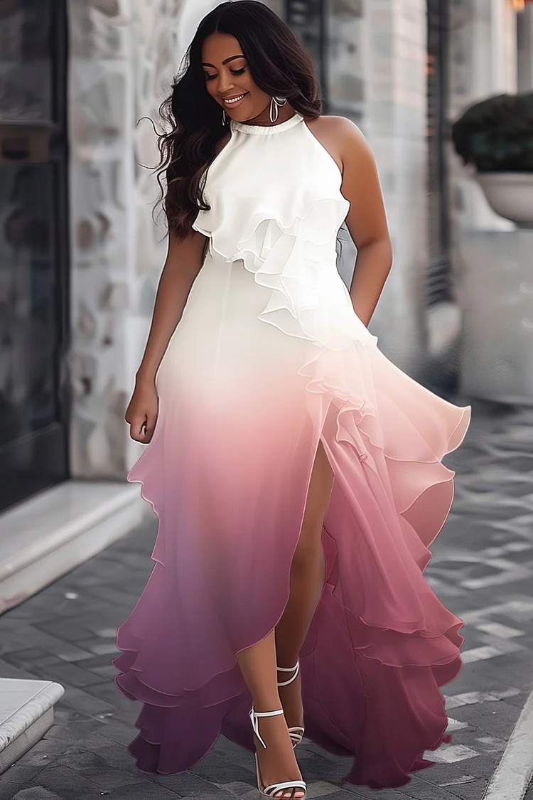 Xpluswear Design Plus Size Wedding Multicolor Gradient Round Neck Split Ruffle Maxi Dresses [Pre-Order]