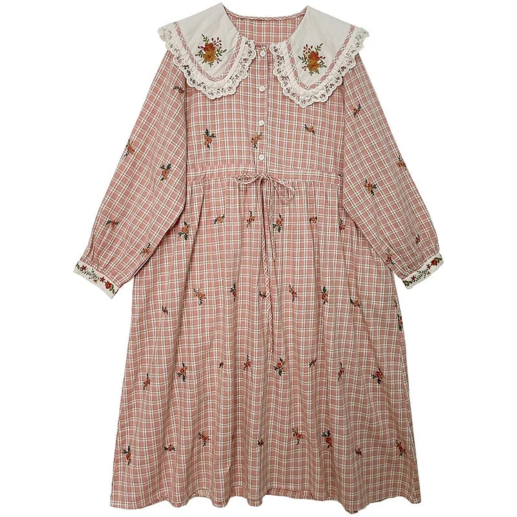 Queenfunky cottagecore style Cute Embroidered Plaid Dress With Drawstring QueenFunky