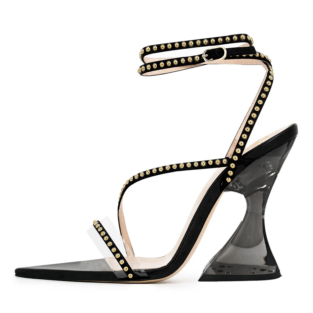 Black Open-Toe Studded Ankle Strap Stylish High Heels Sandals