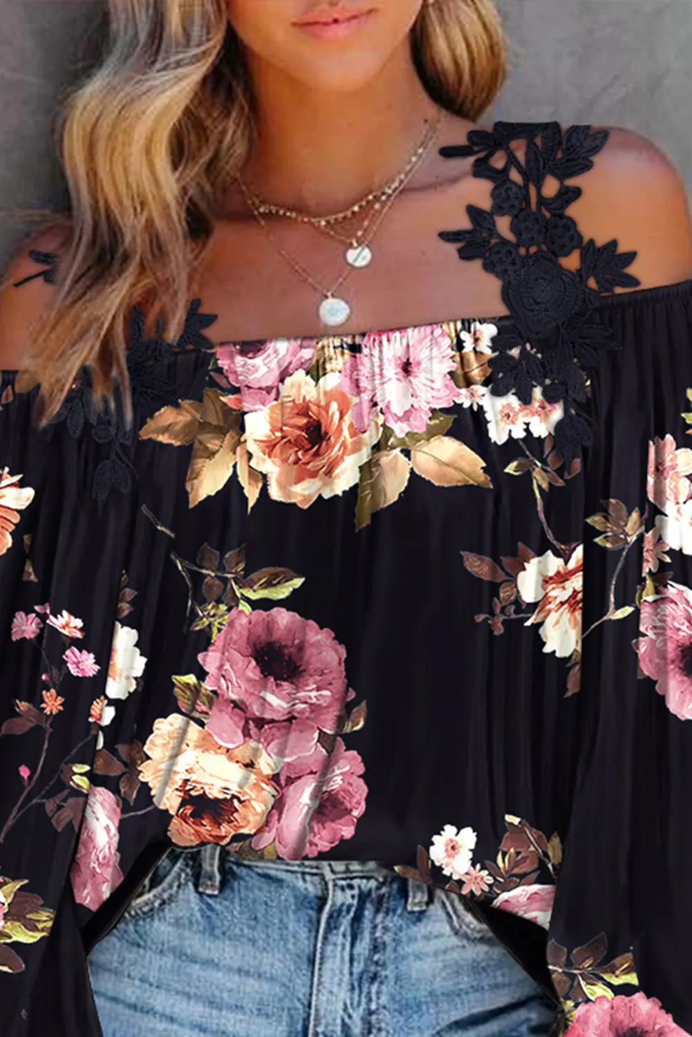 Black Floral Print Lace Patchwork Loose Cold Shoulder Blouse
