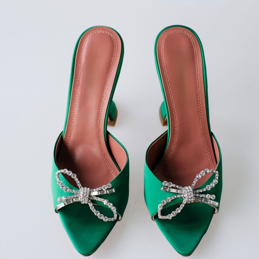 Bow Rhinestone Fish Mouth Open Toe High Heels Wine Cup Heel Mid Heel Sandal Slippers Women
