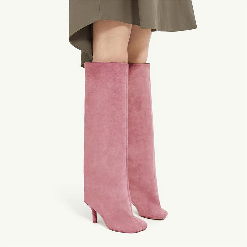 80mm Women's Suede Boots Square Toe Stiletto Heel  Knee Boots-MERUMOTE