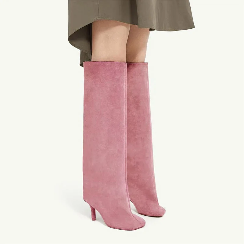 80mm Women's Suede Boots Square Toe Stiletto Heel  Knee Boots-MERUMOTE