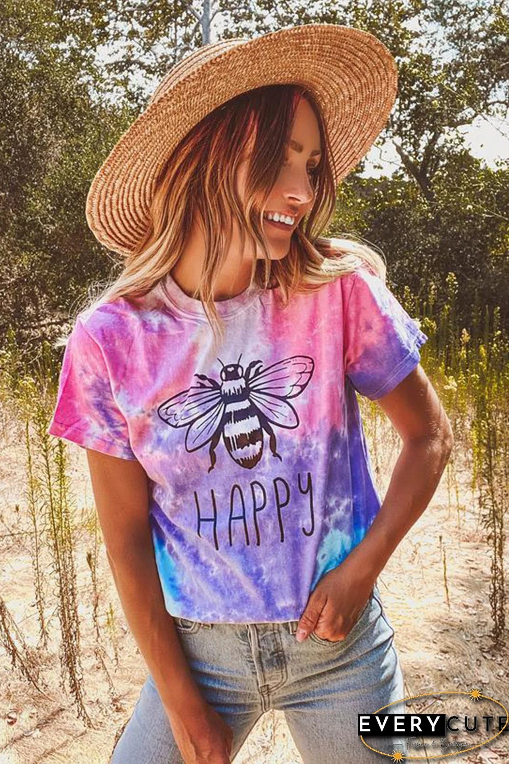 Pink Bee Happy Graphic Tie-dye Cotton Blend Tee