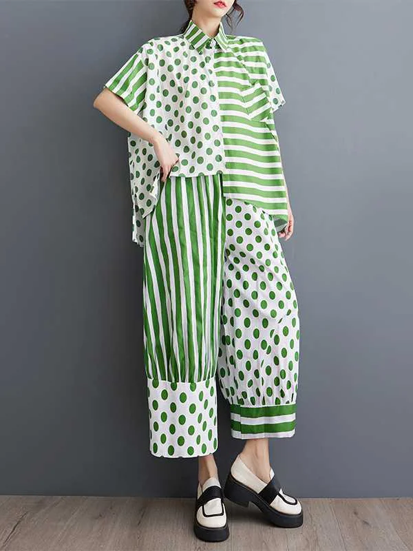 Contrast Color Polka-Dot Half Sleeves High-Low Asymmetric Split-Side Striped Lapel Blouses Top + Pants Bottom Two Pieces Set