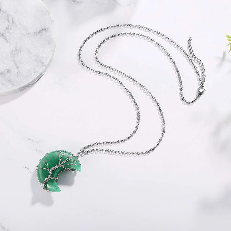 Natural Quartz Crystal Moon Tree Of Life Healing Energy Necklace Pendant