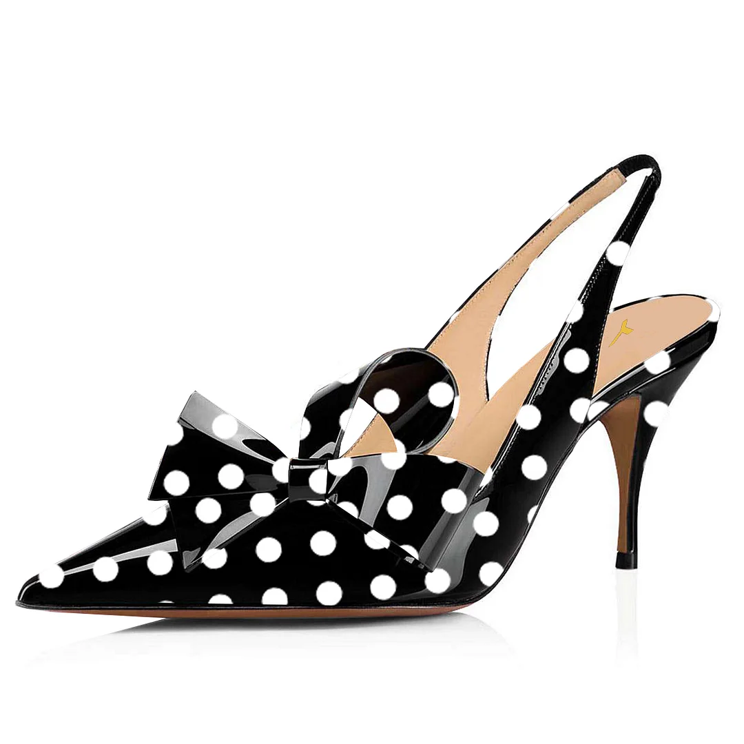 Women's Black & White Polka Dot Bow Inlay Pointed Toe Slingback Pumps