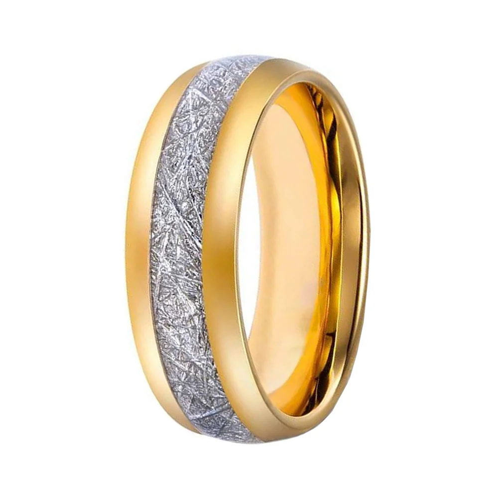 6MM 8MM Unisex Gold Tungsten Inlay Silver Meteorites Pattern Wedding Bands