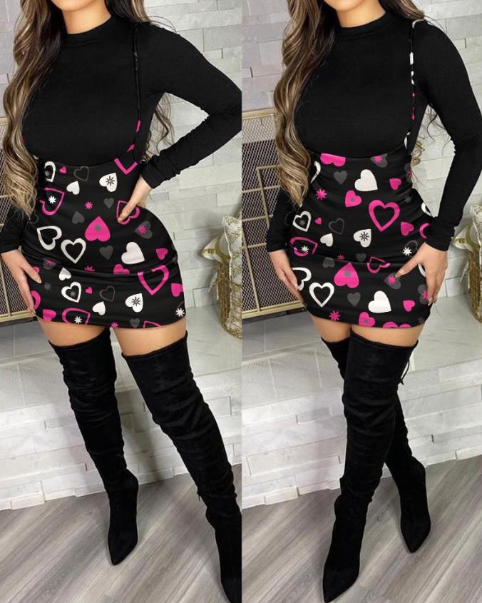 Sshamim Two Piece Set Women Outfit 2025 Spring Fashion O-Neck Long Sleeve Top & Heart Print Casual Skinny Mini Suspender Skirt Set