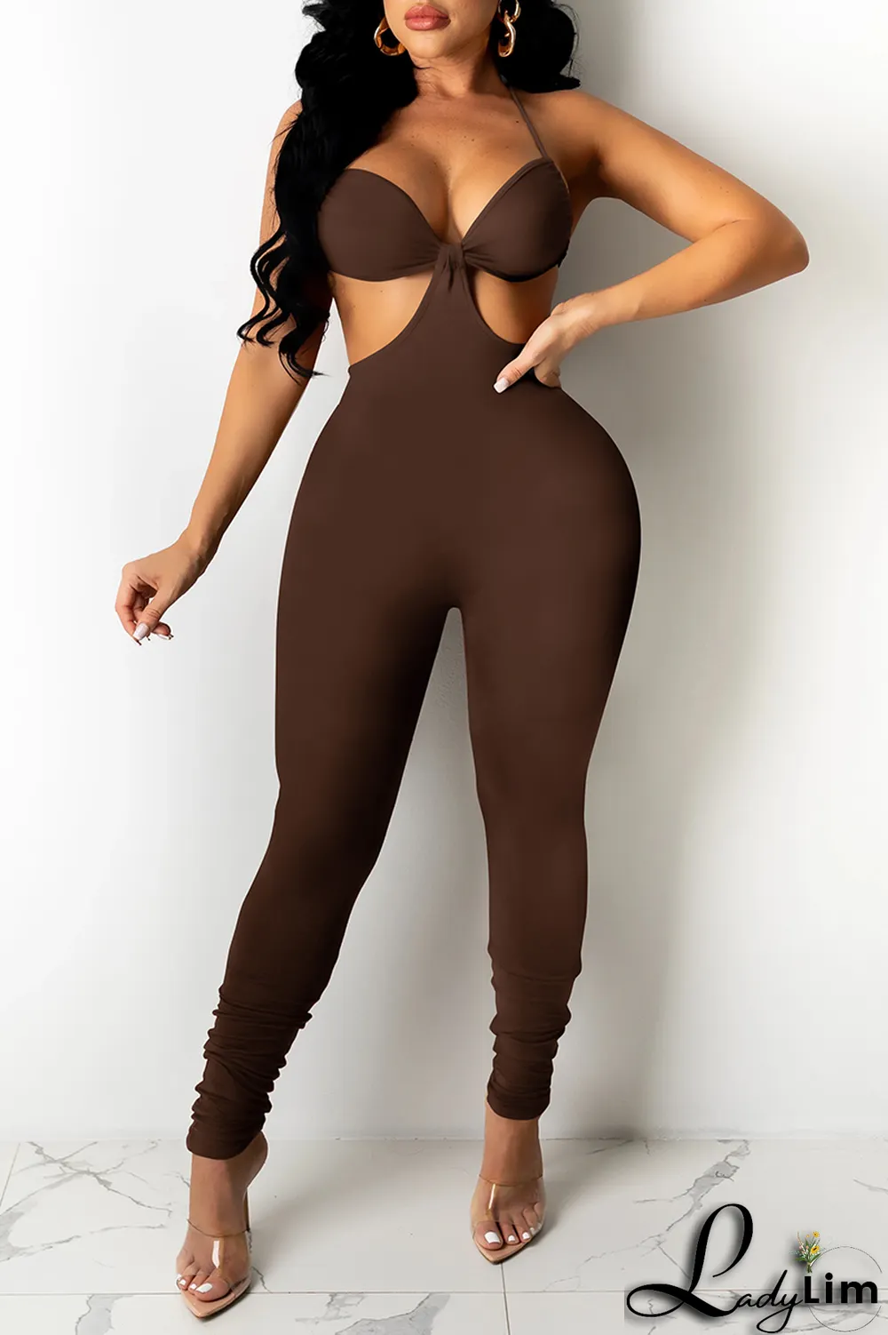 White Sexy Solid Patchwork Halter Skinny Jumpsuits