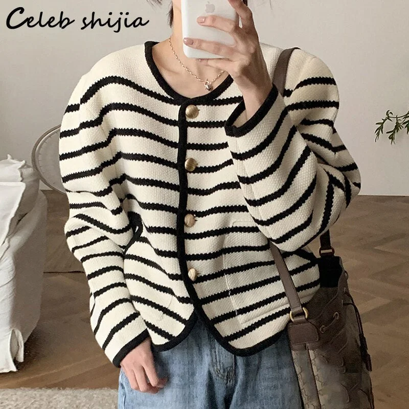 UForever21 Back to School New Autumn Striped Wool Cardigans Women Oversized Sing-Breasted O-Neck Knitted Coat Female Winter Long-Sleeve Knitwear Korean