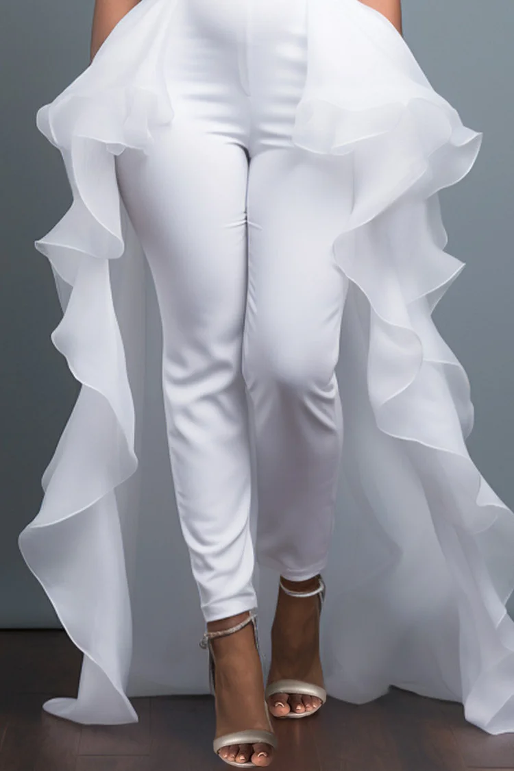 Xpluswear Design Plus Size Formal White Elegant Off The Shoulder Short Sleeve With Skirt Overlay Contrast Jumpsuits [Pre-Order]