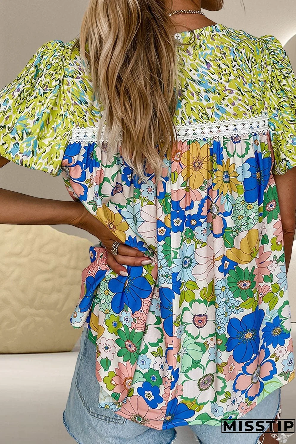 Printed Round Neck Puff Sleeve Blouse