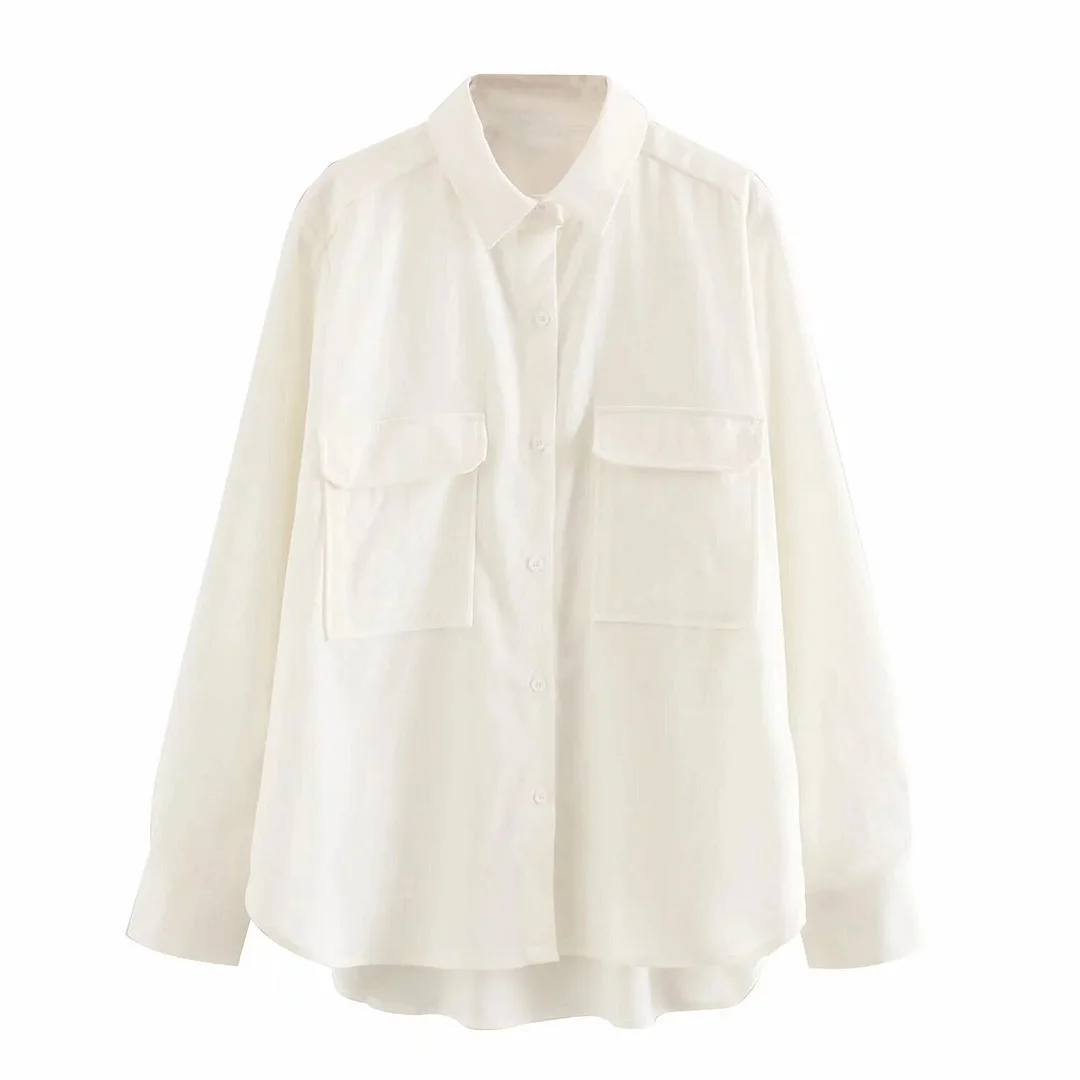 Za Women's Blouses White Shirts Mujer Blusas Long Sleeves Female Solid Streetwear Pockets Clothes Fashion Wear Ladies Office BF