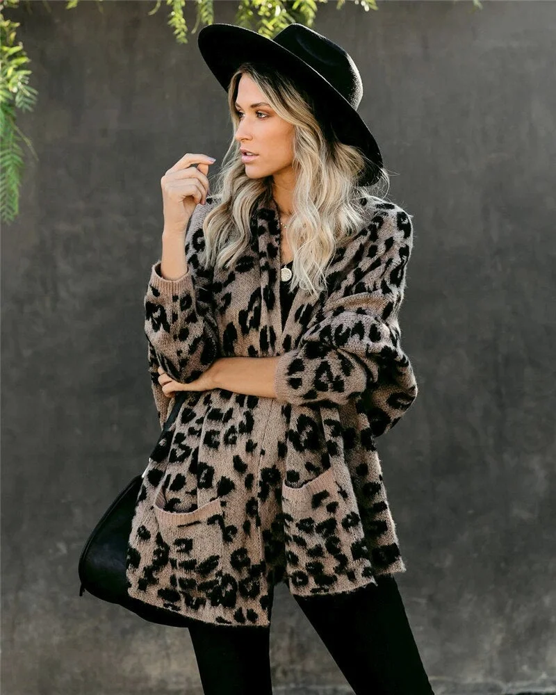 Fitshinling Pockets Leopard Winter Coat Long Cardigan Knitwear Boho Holiday Slim Knitted Cardigans Woman Clothing Sweaters 2020