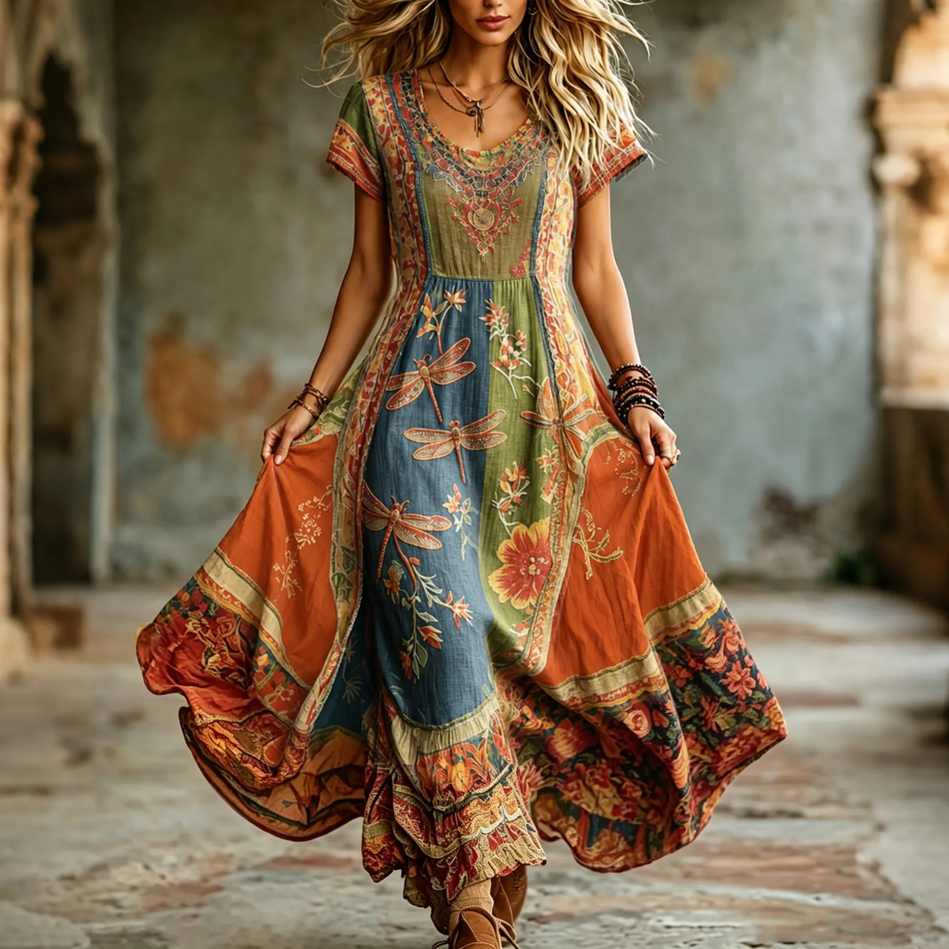 Women's Hippie Floral And Dragonfly Pattern Art Embroidered Linen Blend Maxi Dress elevenforest