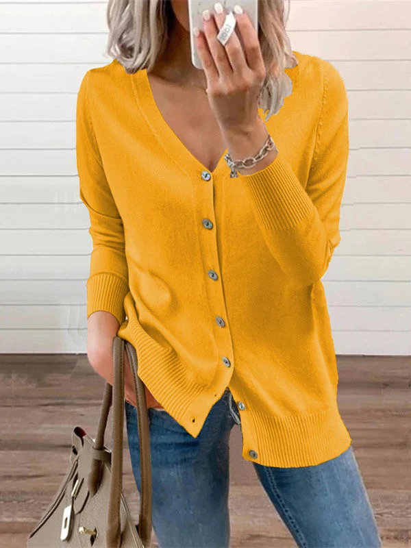 Women Long Sleeve V-neck Soild Button Knit Sweaters Coats