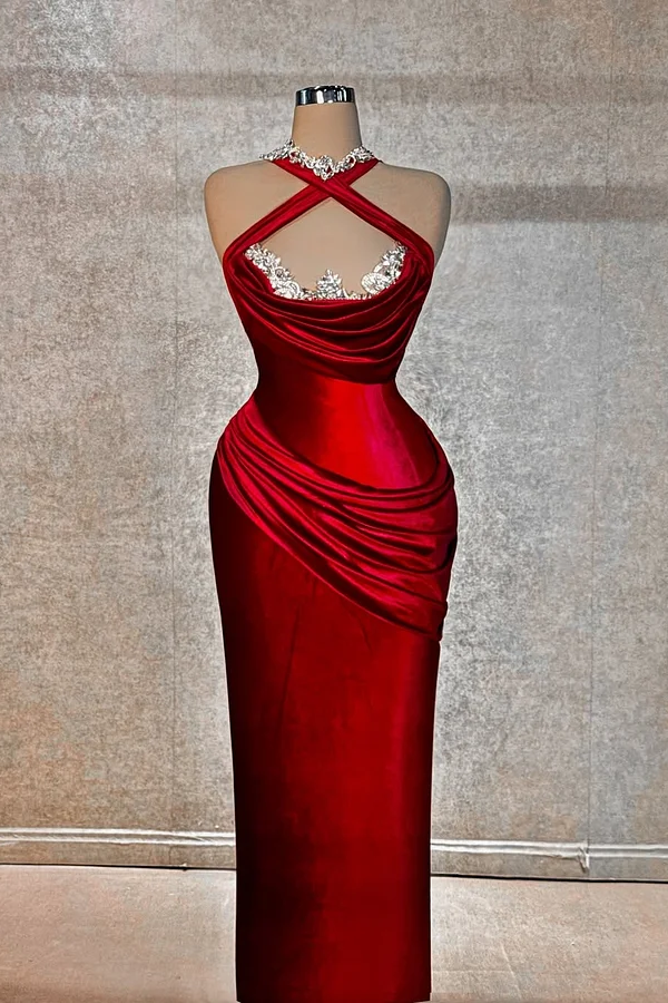 Daisda Red Sleeveless Halter Straps Mermaid Beads Prom Dress