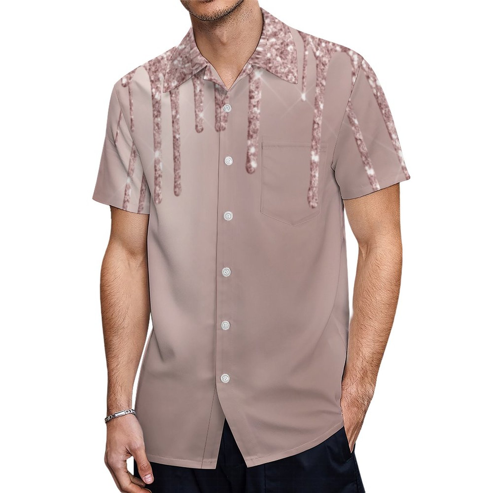 Elegant Stylish Copper Rose Gold Glitter Drips Hawaiian Shirt Mens Button Down Tropical Hawaii Beach Shirts