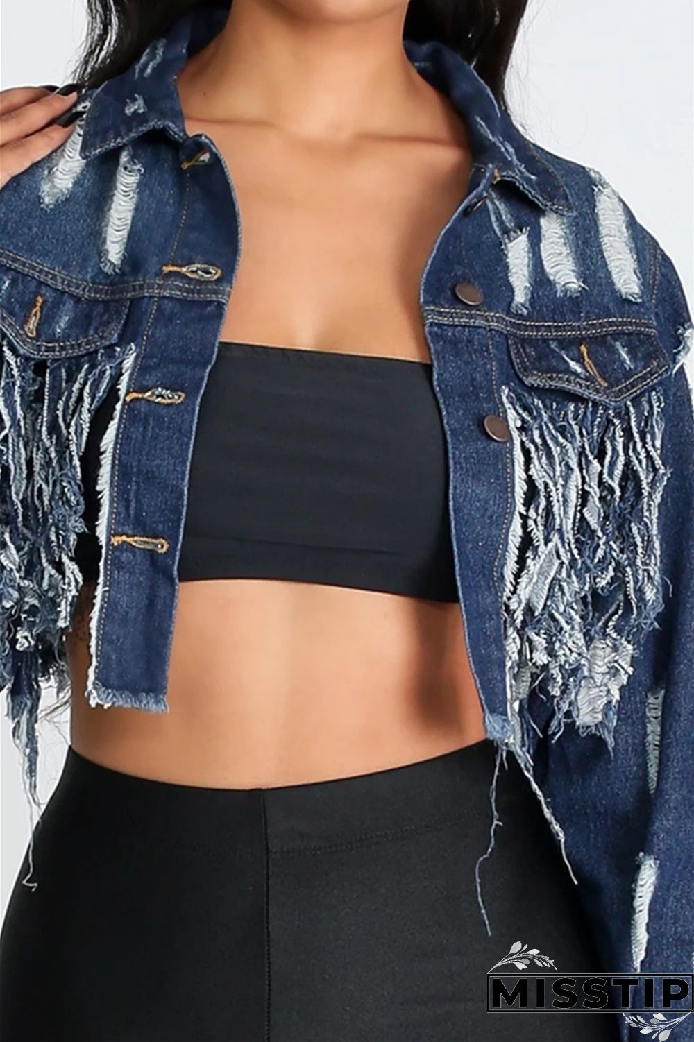 Dark Blue Fashion Hole Tassel Halter Back Navel Denim Coat