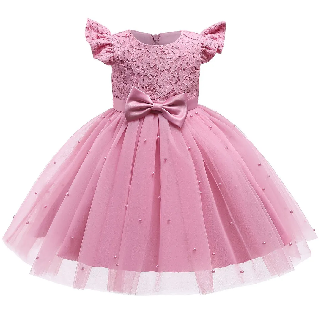 Baby Girl Dress Lace Flower 1st Birthday Beading Dress Newborn Baby Girl Christening Gown Infant Party Princess Pink Vestidos