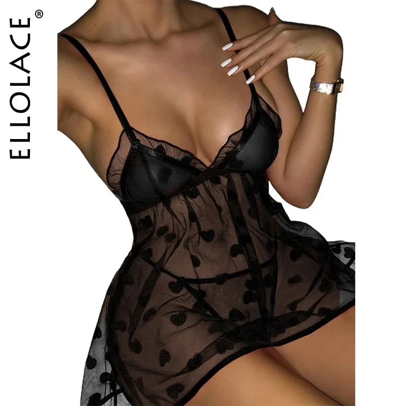 Ellolace Exotic Costumes Sexy Lingerie Night Dress Red Polk Dot Babydoll Hot Mini Porn Nightwear Transparent Erotic Goods