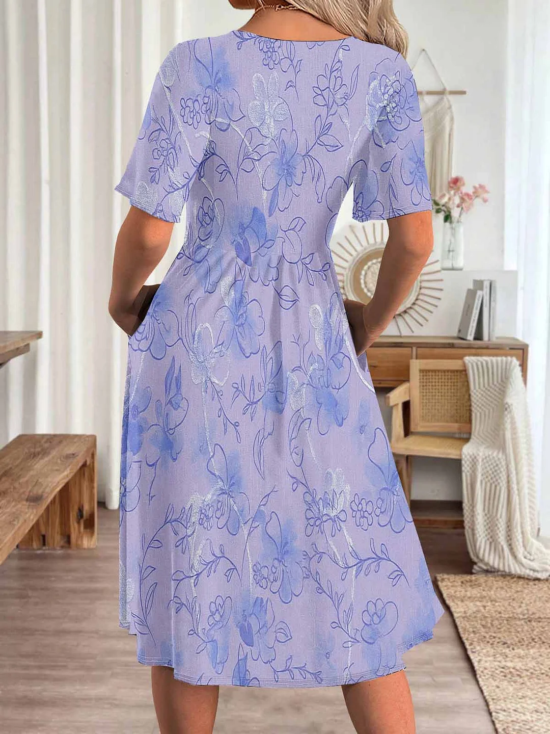 Women Floral,Purple DZHA8310 Short Sleeve Scoop Neck Graphic Printed Hollow Midi Dress