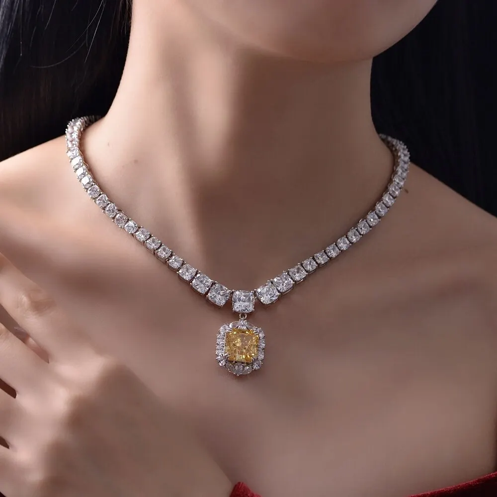 100% 925 Sterling Silver 13*13 MM Pincushion Created Moissanite Citrine Gemstone Pendant Necklace Fine Jewelry Gift