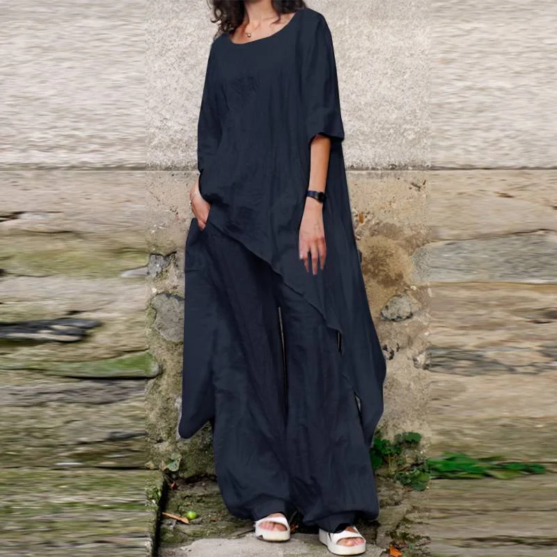 Two Piece Sets Women Tracksuit ZANZEA Fashion Summer Matching Sets 2PCS Casual 3/4 Sleeve Irregular Blouse Suits Urban Outifits7