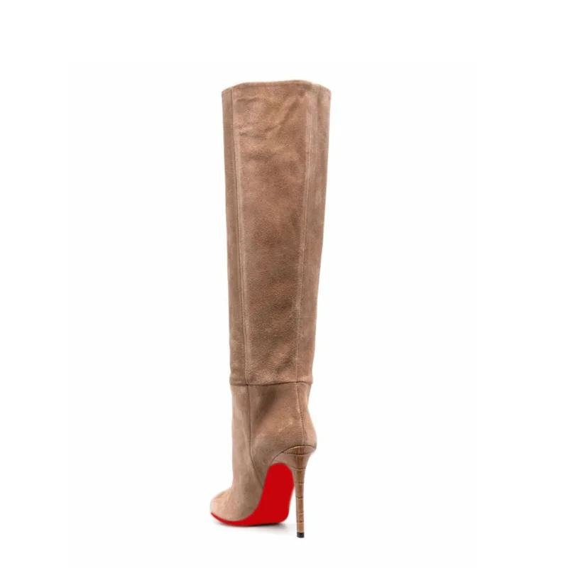 100mm/3.94 Inch Suede Women's Knee High Heel Boots Side Zipper Long Boots Red Bottom Boots -MERUMOTE