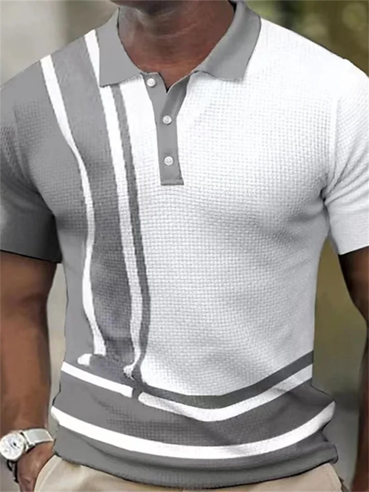 Men's Polo Shirt Short-sleeved Color Blocking Striped Button Waffle T-shirt Gray Green Blue Khaki