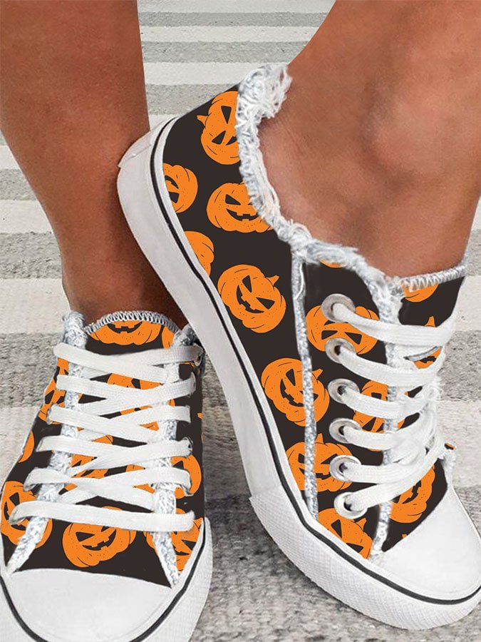 Pumpkin Print Print Frayed Sneakers socialshop