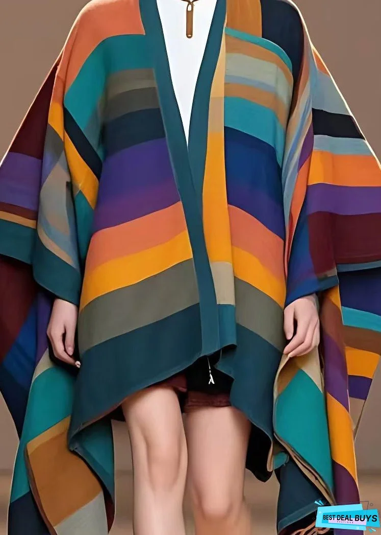 Unique Multicolor V Neck Striped Woolen Coats