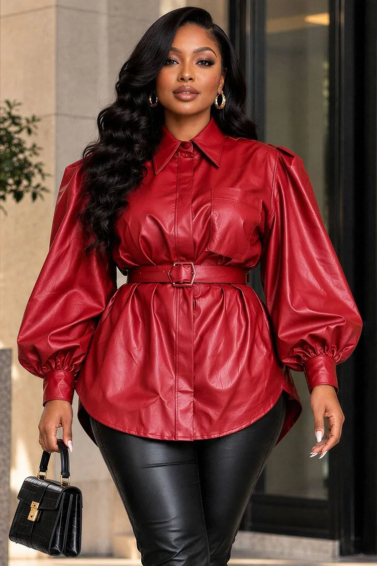 Xpluswear Design Plus Size Daily Red Shirt Collar Lantern Sleeve Long Sleeve Wrap PU Leather Shirt [Pre-Order] 2024 - Xpluswear